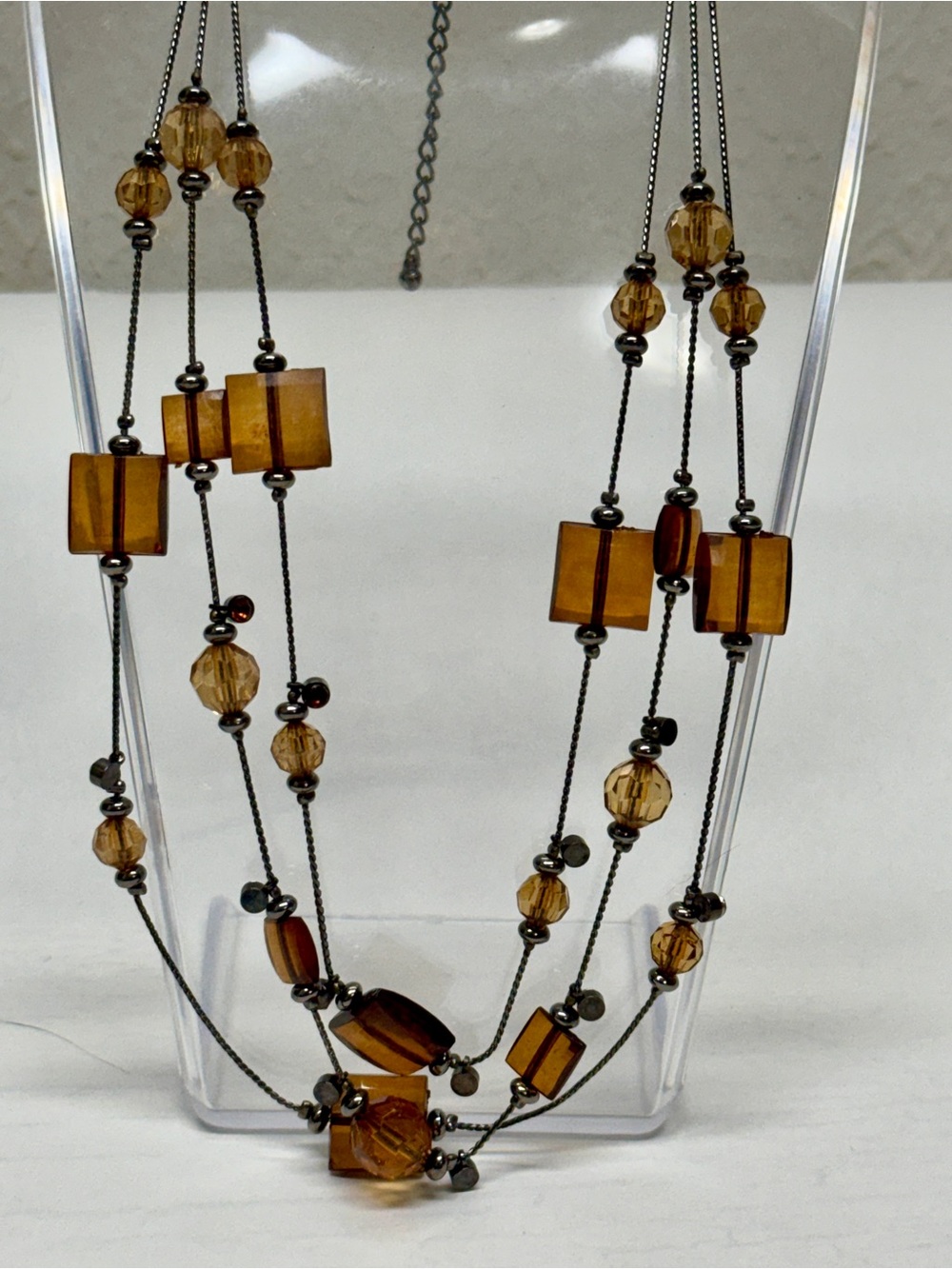 Amber Brown Multi-Strand Glass Bead Necklace